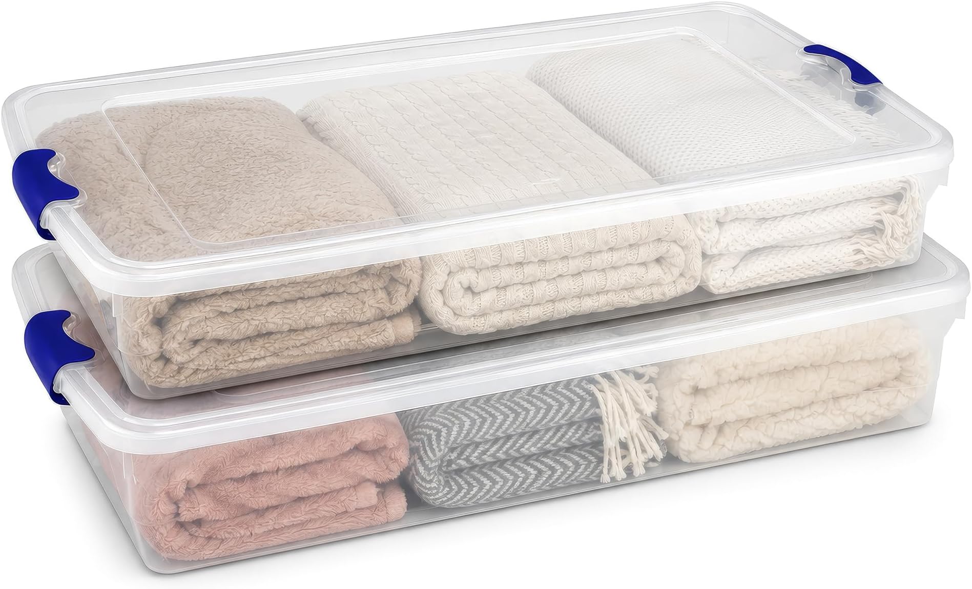 HOMZ Under Bed Clear Plastic Storage Bin w/Lid, 60 Qt, Blue Latch, 2 Pack | Heavy-Duty Stackable Containers, Large Organizer Box for Homes, Offices, and Garages