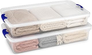 HOMZ Under Bed Clear Plastic Storage Bin w/Lid, 60 Qt, Blue Latch, 2 Pack