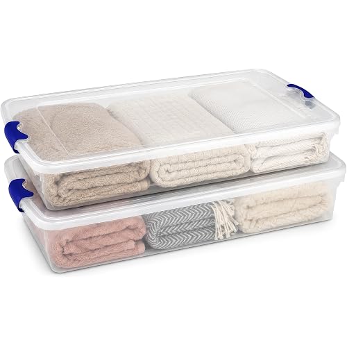 HOMZ 2-Pack Under Bed Storage, Clear Plastic Containers with Lids, 60 Quart, Blue Latch - Stackable Underbed Organizer Bins for Shoes, Bags, Clothes, and Towels