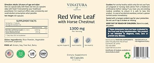 Miniatura 9 de VINATURA Extracto de hoja de vid roja, castaño de indias, 1300 mg/porción, fabricado y probado en EE. UU., soporte para la circulación y las venas