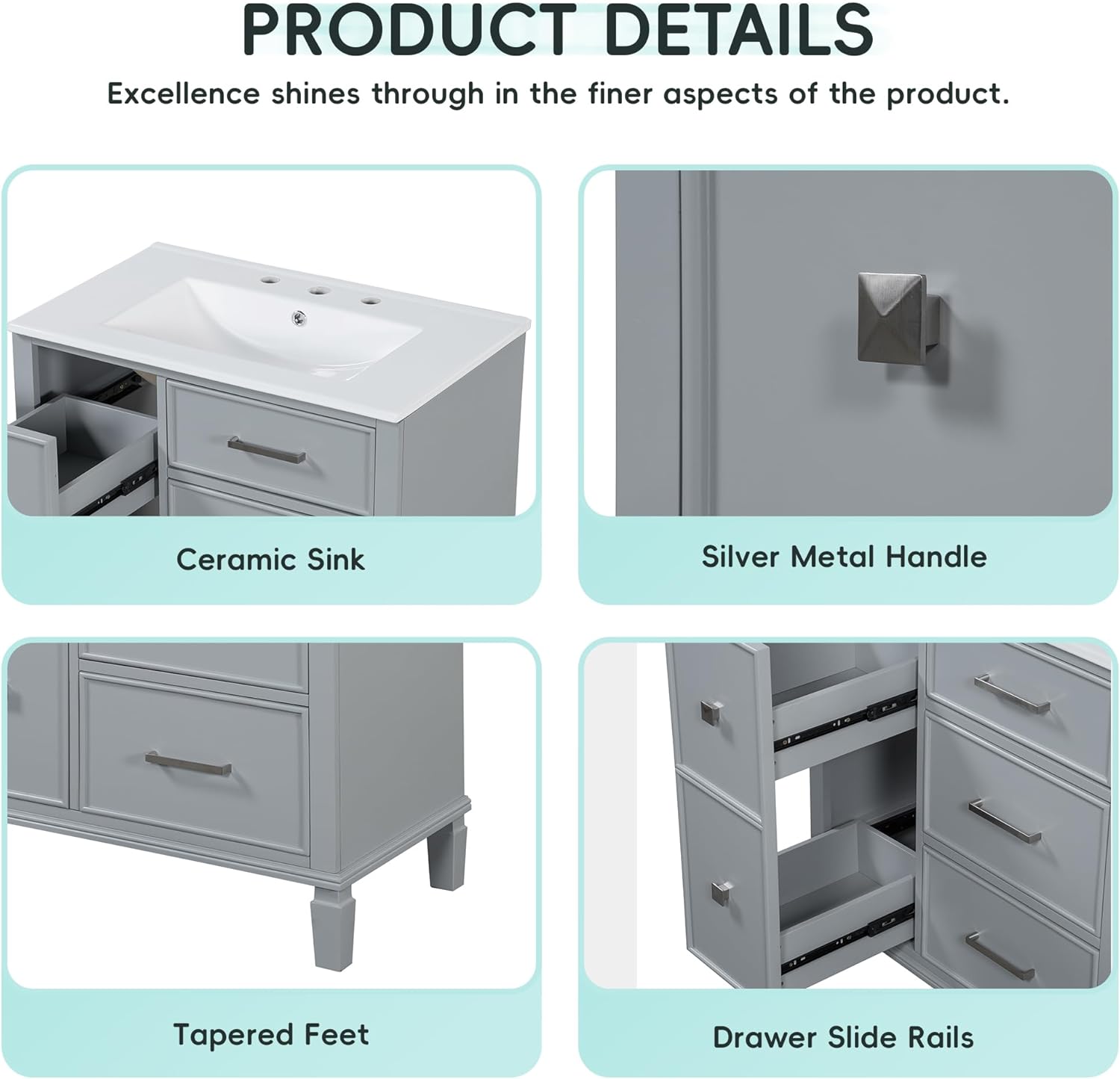 Findepot 30 Inch Bathroom Vanity with Ceramic Sink, Floorstanding Cabinet with Solid Wood Legs, Flip-Out Drawer Design & Three Soft Close Drawers, Grey