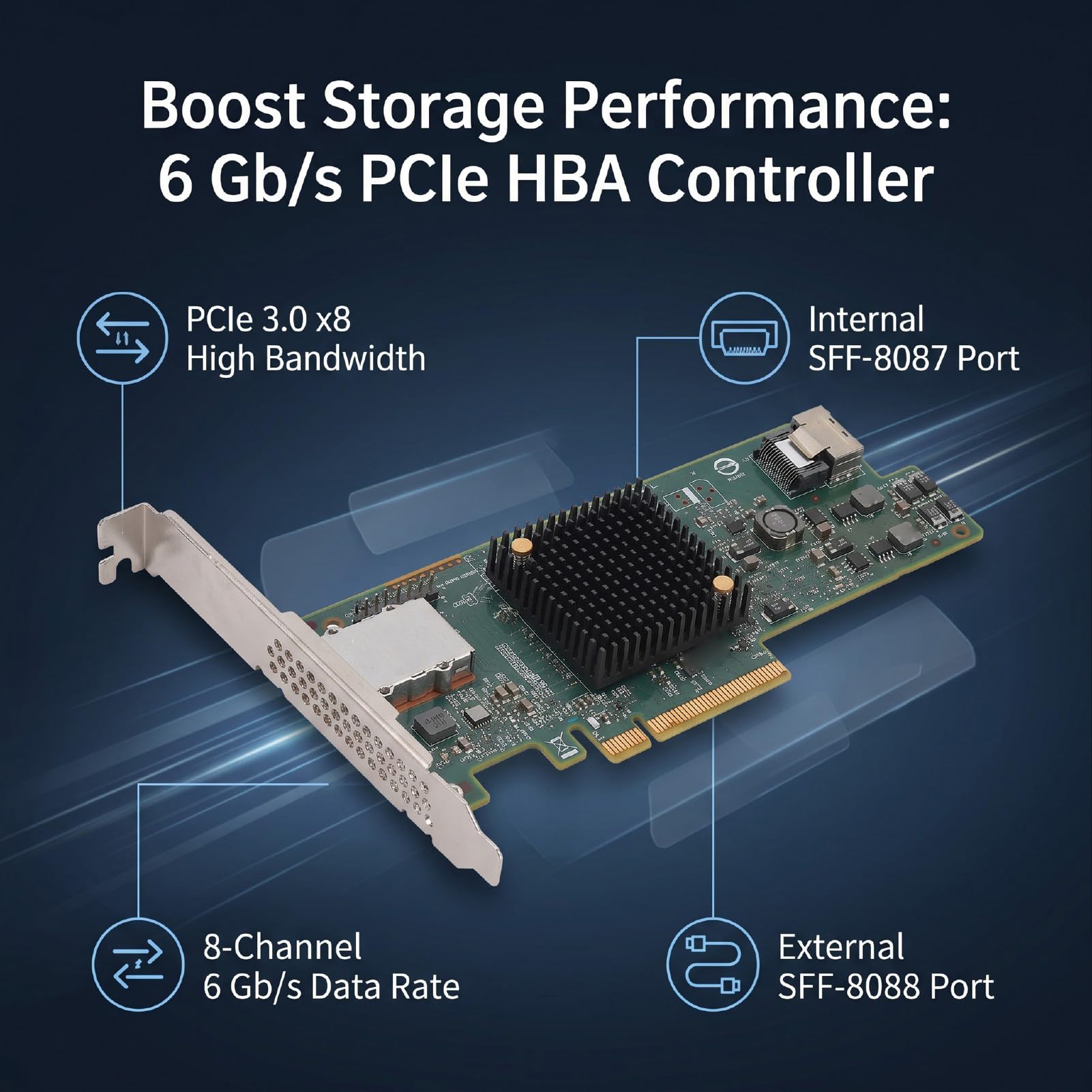 Scheda Controller HBA PCIe da 6 Gb/s, Scheda di Espansione SATA SAS a 8 Porte per Server