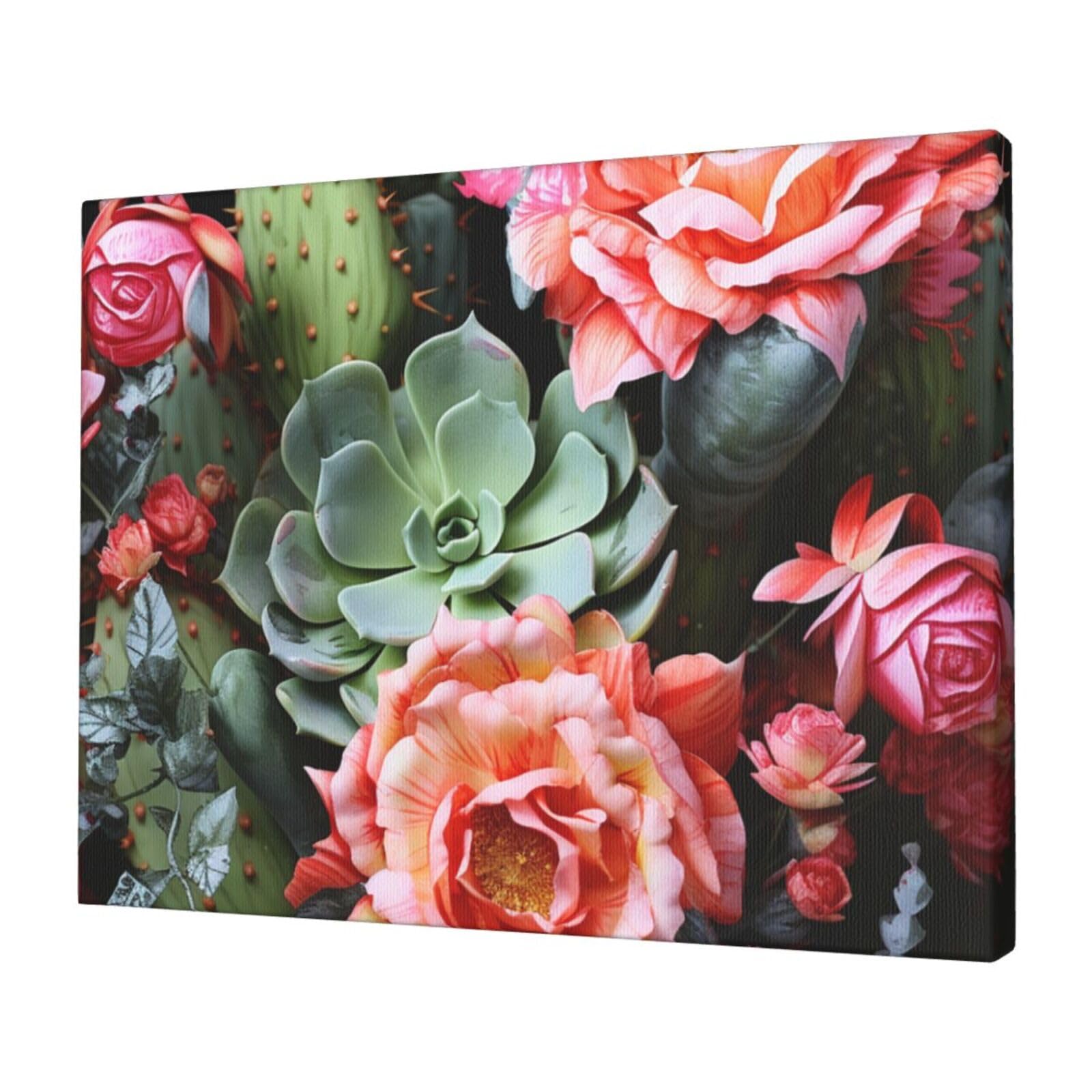 FodPand Canvas Wall Art for Living Room Wall Decor 12"x16" Modern Artwork Painting Pictures Hanging Canvas Prints Roses Flowers and Cactus Aesthetic Wall Art for Bedroom Bathroom Office Wallart Decor