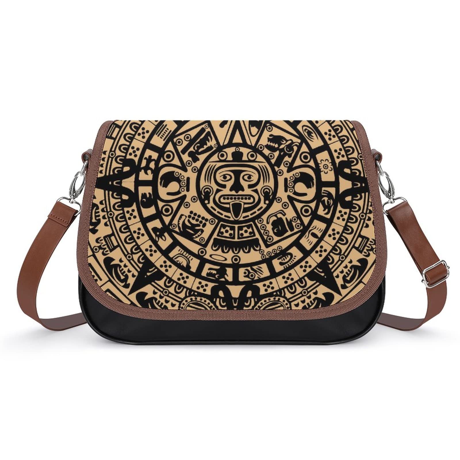 Aztec Maya Calendar Women's Crossbody Bag PU Leather Message Bag Shoulder Handbag Purse for Travel Office