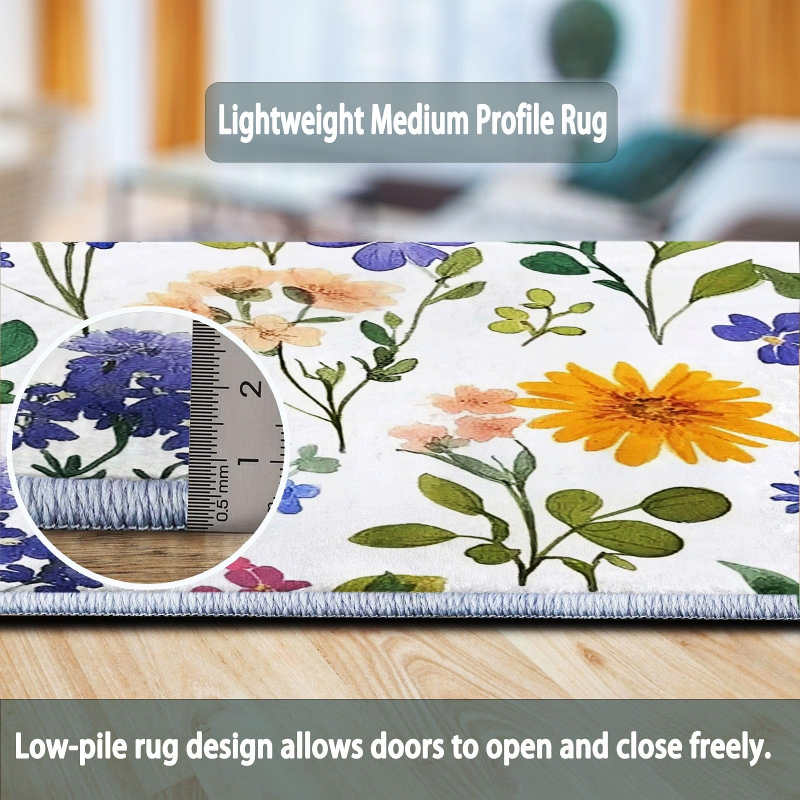 Tapis de Salon 80x150 cm Antidérapant Lavable en Machine Motif Aquarelle Fleurs Sauvages