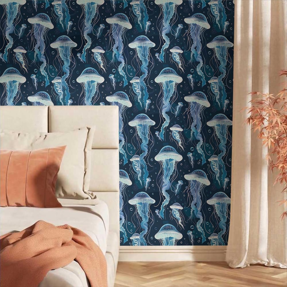 18"x236" Underwater Glittery Navy Blue Jellyfish Peel and Stick Self Adhesive Wallpaper Removable Contact Paper Stick on Easy Peel Off Wall Paper for Kitchen Bedroom Bathroom Renter