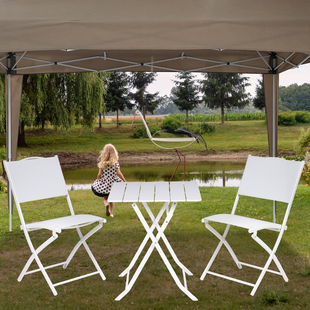 BAKAJI Set Tavolo Pieghevole con 2 Sedie Rivestimento in Textilene, Arredo Giardino Richiudibile con Struttura in Acciaio e Tavolino PE Effetto Legno, Esterno, Patio, Balcone, Resistente UV (Bianco)