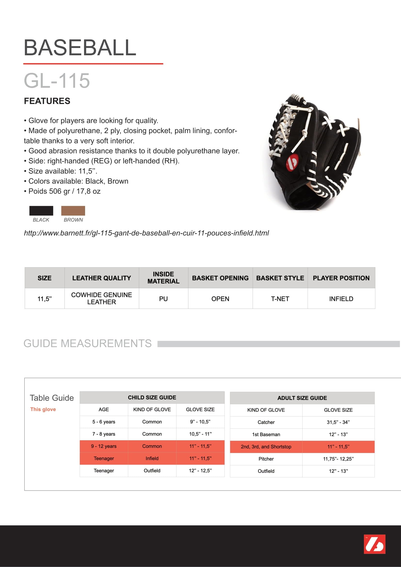 Barnett GL-115 Competition Baseball Glove, Infield,11.5', Brown