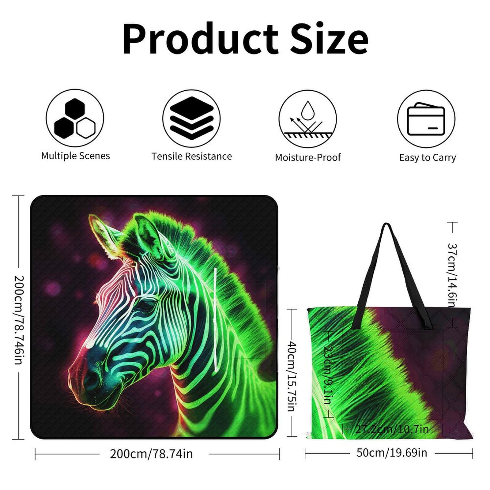 Manta de picnic de cebra brillante, lavable a máquina, 200 cm x 200 cm, extragrande, impermeable y resistente a la arena, plegable, compacta, para playa, extragrande, para exteriores, para acampar en