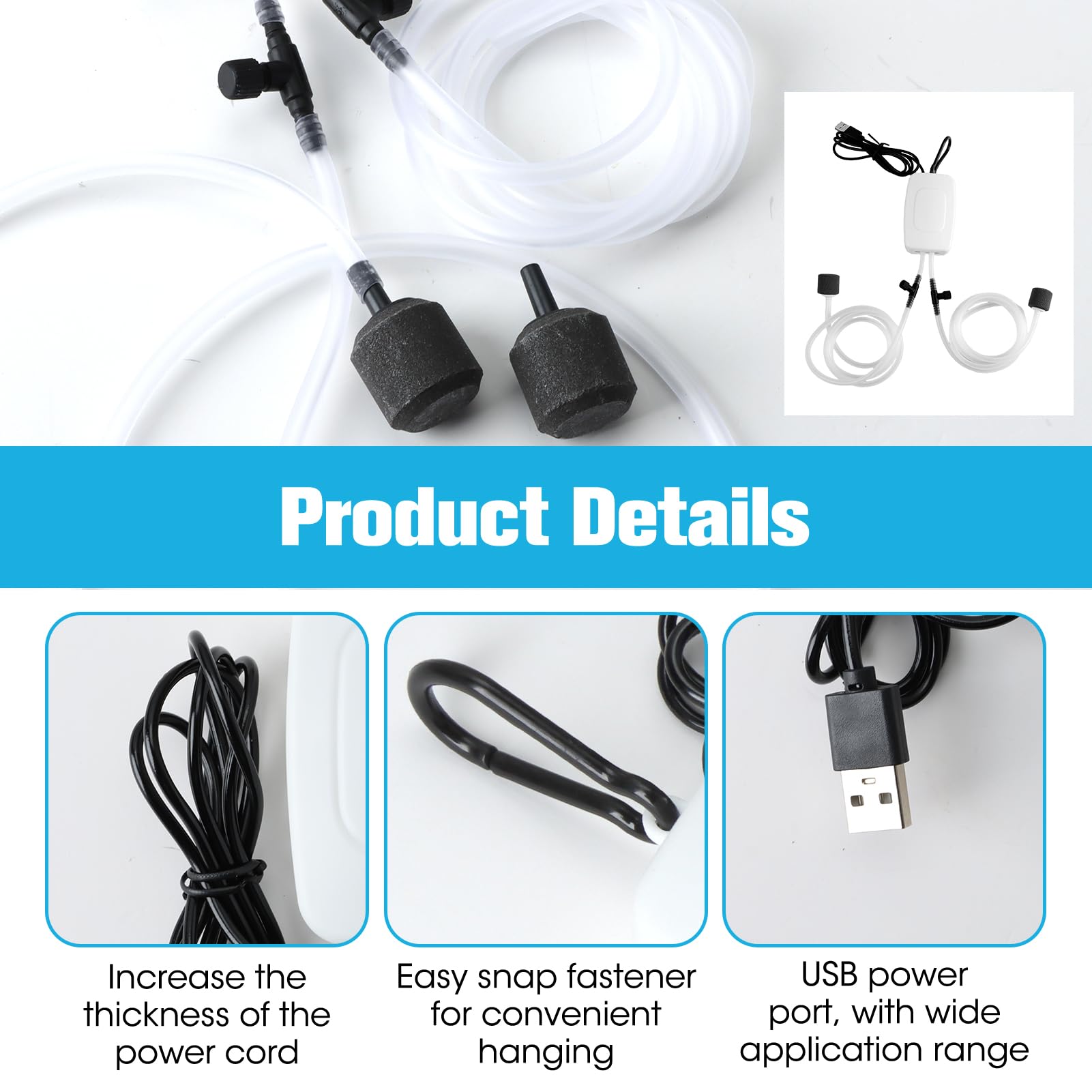 Pompe à air USB avec Double Pierre à air – Mini Pompe à oxygène 1 W économe en énergie, Portable avec Tuyau, Pierre à gazéifier pour Aquarium, Flux d’oxygène Stable pour Aquarium