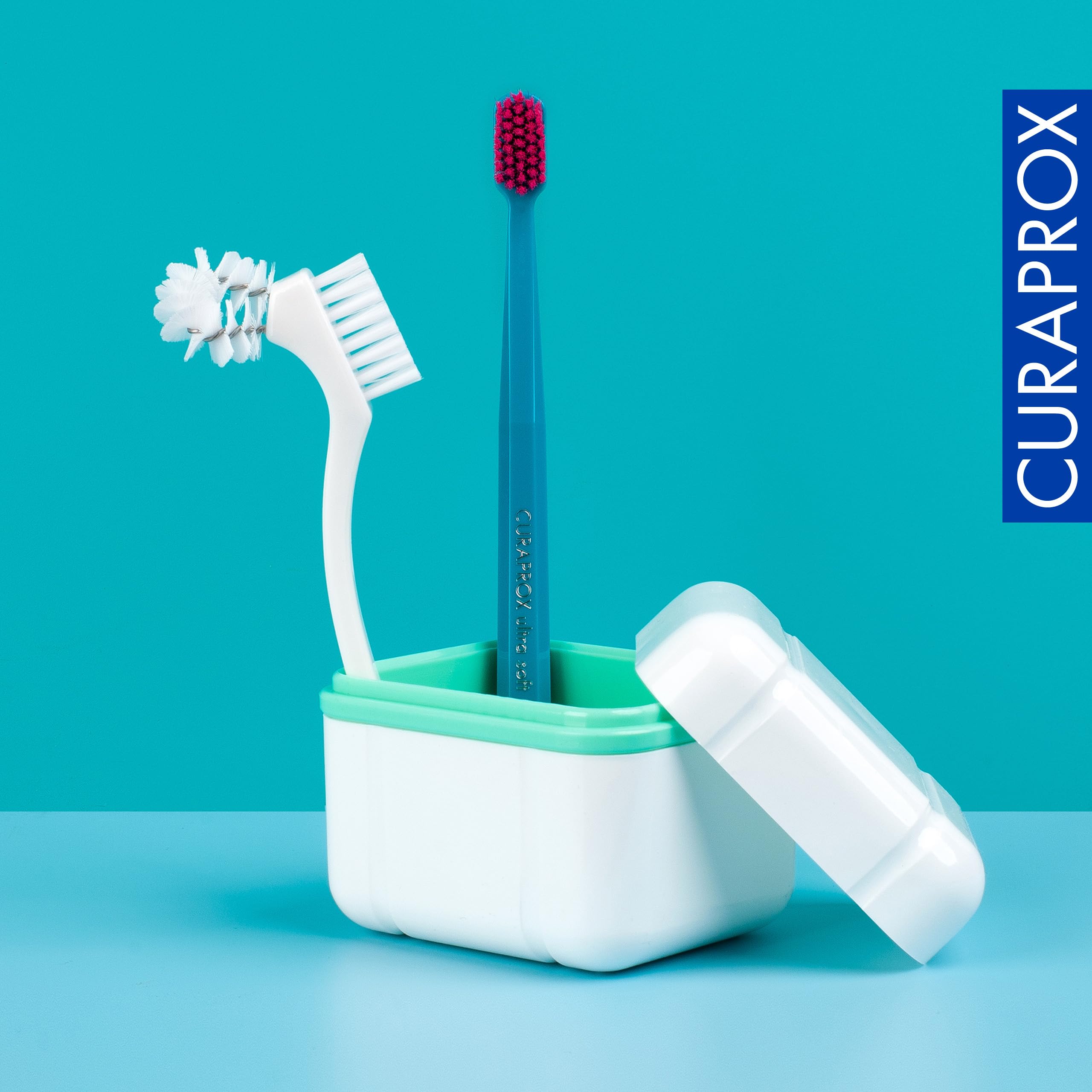 Curaprox BDC Juego de Limpieza Kit de Cuidado Completo para Dentaduras Postizas y Retenedores/Incluye Gel Diario, Concentrado Semanal, Cepillo y Caja de Limpieza/Hecho en Suiza