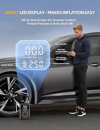 Miniatura 5 de Inflador de neumáticos, compresor de aire portátil, bomba de aire de neumáticos de 150 PSI, 5 veces más rápido con medidor digital, apagado