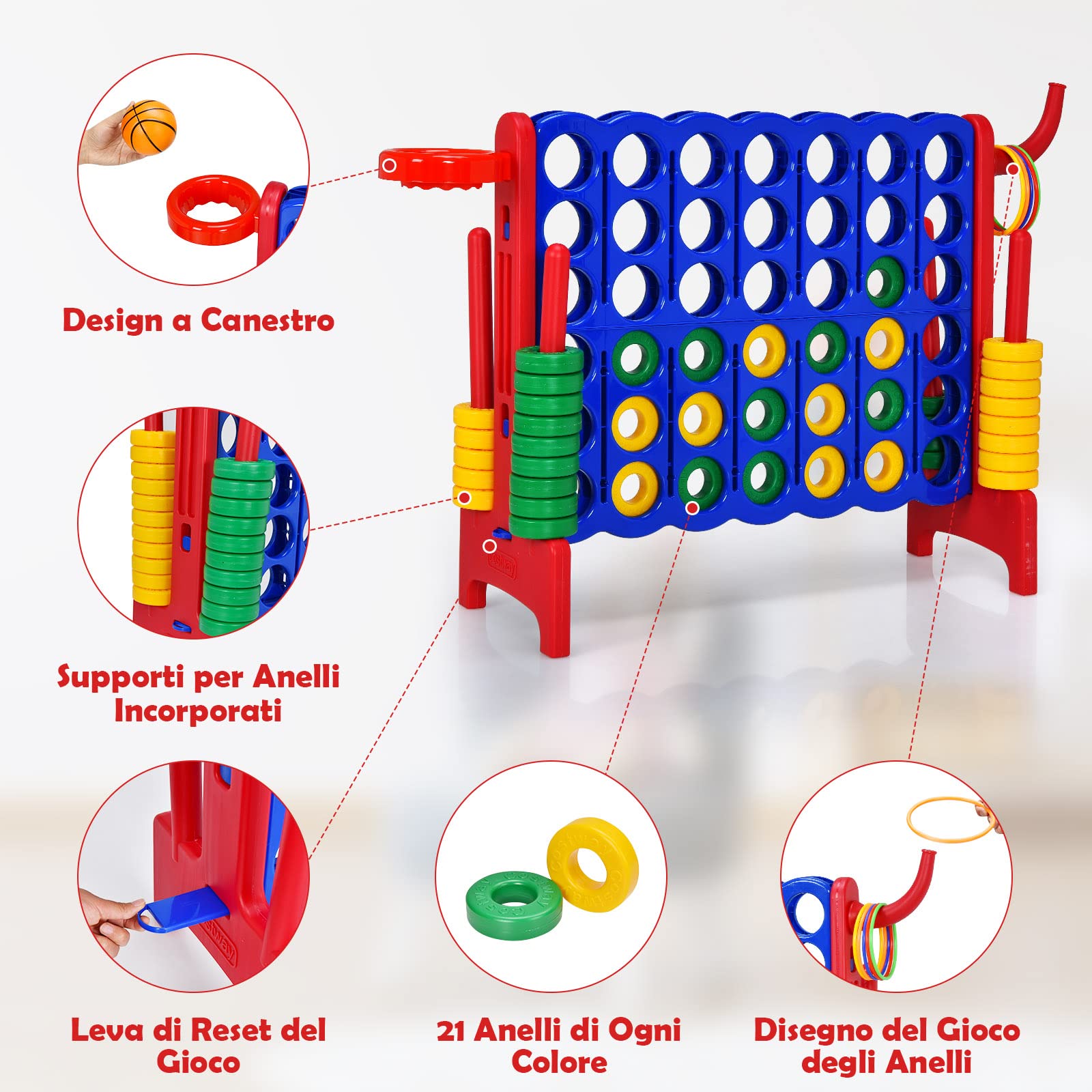 COSTWAY Forza 4 Gigante, Forza Quattro per Bambini con Canestro, Palla, 5 Anelli e 42 Piedine, Giochi Educativi da Esterno ed Interno per Vacanze e Feste, Ideale per Bambini +3 Anni