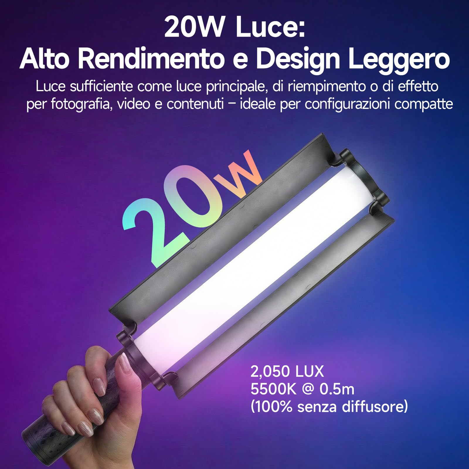 Spada Led Fotografia, Rollei Lumis Glow 20 W RGB Tubo Fotografico per Video 360° 1800~9000K e 20 Effetti, Lampada Foto per Lightpainting Portatile, Spada-Led-Fotografia-Tubo-Video