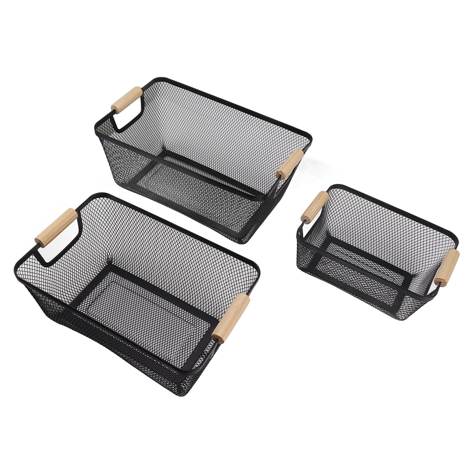 Cesta de almacenamiento con mango de hierro, contenedores organizadores para el hogar, cesta de malla de alambre con asas de madera, para cocina, baño, oficina, (Negra)