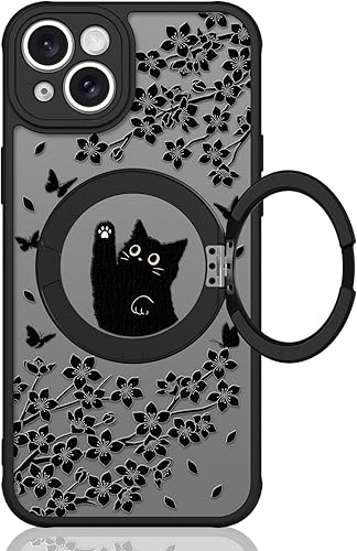 Bonita funda para iPhone 13 con soporte, compatible con MagSafe, diseño de gato negro Kawaii, diseño de patrón floral y mariposas, anillo magnético