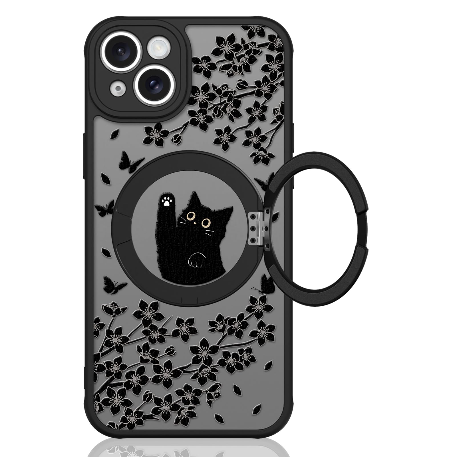 Cute Case for iPhone 13 Case with Stand [ Compatible with MagSafe ] Kawaii Black Cat & Floral & Butterflies Pattern Design 360 Magnetic Ring Kickstand Phone Cover for Women Girls Boys Black Cat & Floral iPhone 13