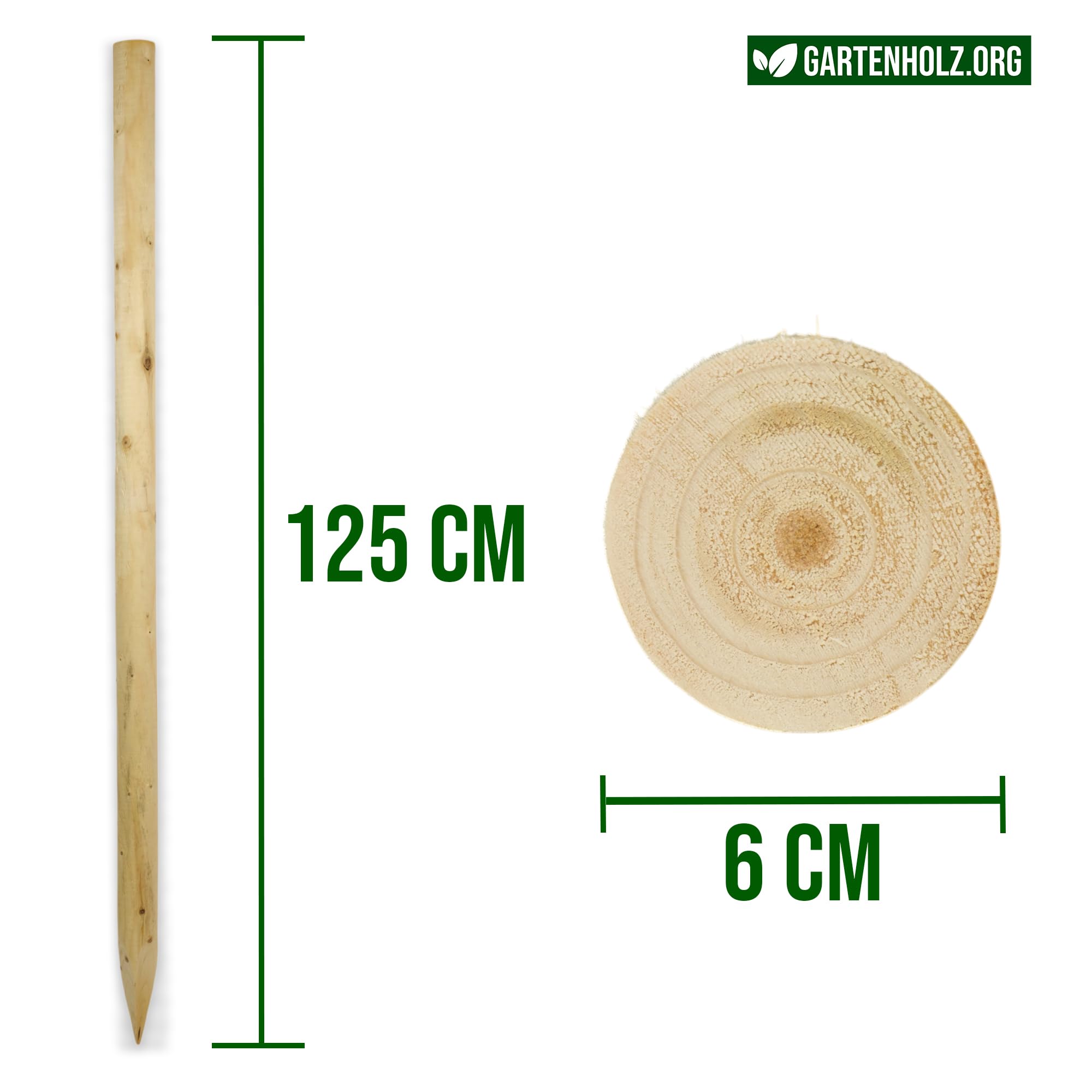 Juego de 10 estacas de madera natural redondas de 6 cm de diámetro, diferentes longitudes y grosores, ideales como postes de vallas, estacas de plantas o postes de árboles (125 cm de longitud)
