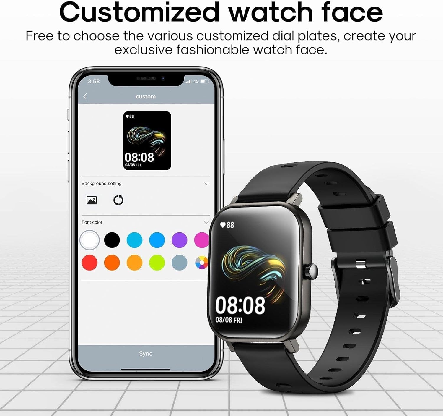 Smartphone app showing options to customize the Joyroom JR-FT1 Pro Smartwatch face with different backgrounds and font colors.