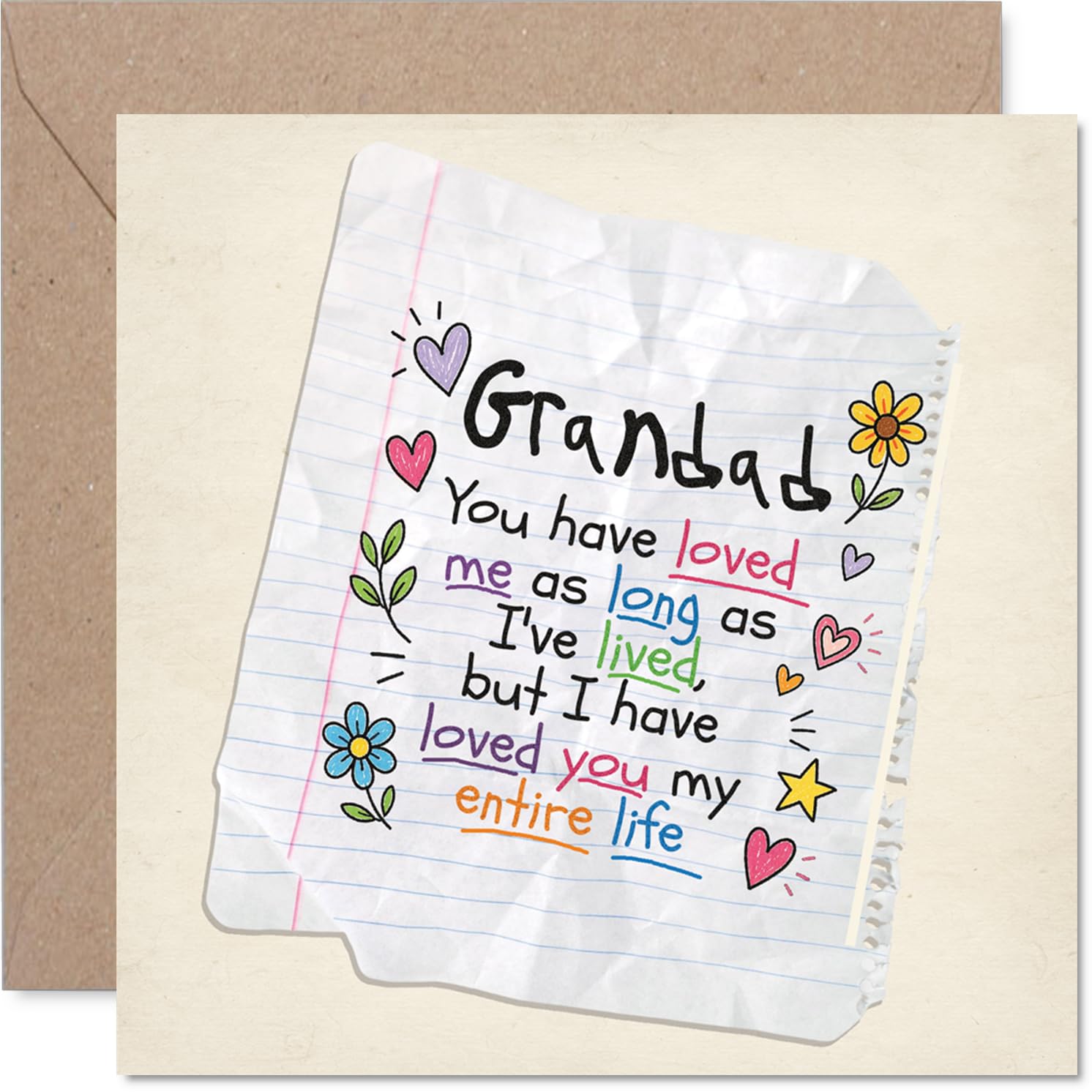 Heartfelt Birthday Card for Grandad - Brimming with Love and Childlike Doodles, Father's Day - 145mm Square, Envelope Included