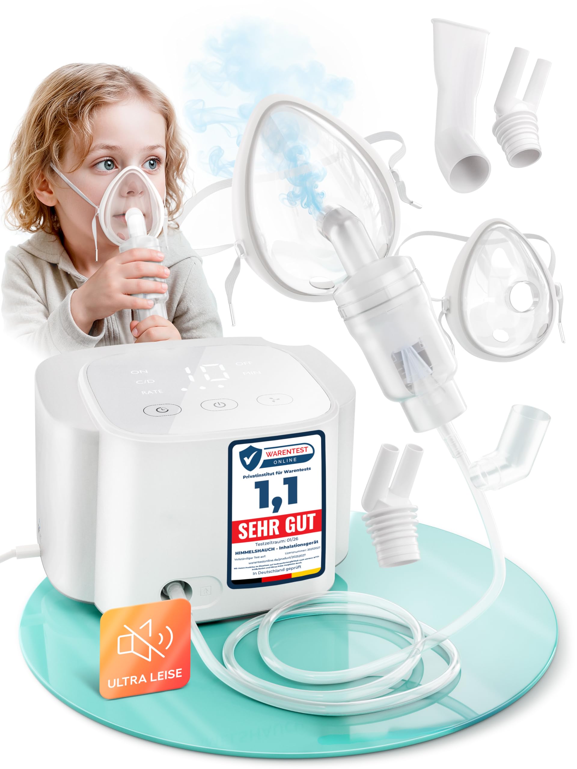 HIMMELSHAUCH MEDICAL Inhalationsgerät Kinder & Inhaliergerät für Erwachsene | Ultraleise Inhalation | Vernebler + Zubehör | Inhalator Baby | Elektrische Inhalatoren | Kochsalzlösung Inhalieren