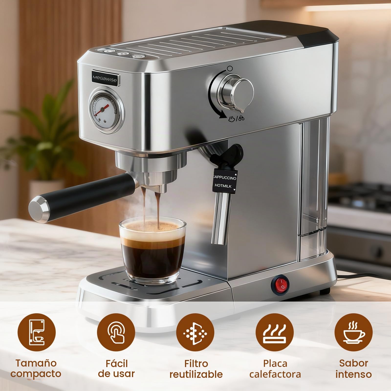 MEGAWISE Cafetera espresso de 20 bares, compacta de acero inoxidable con espumador de leche de vapor y depósito de agua extraíble para capuchino, latte, color plateado
