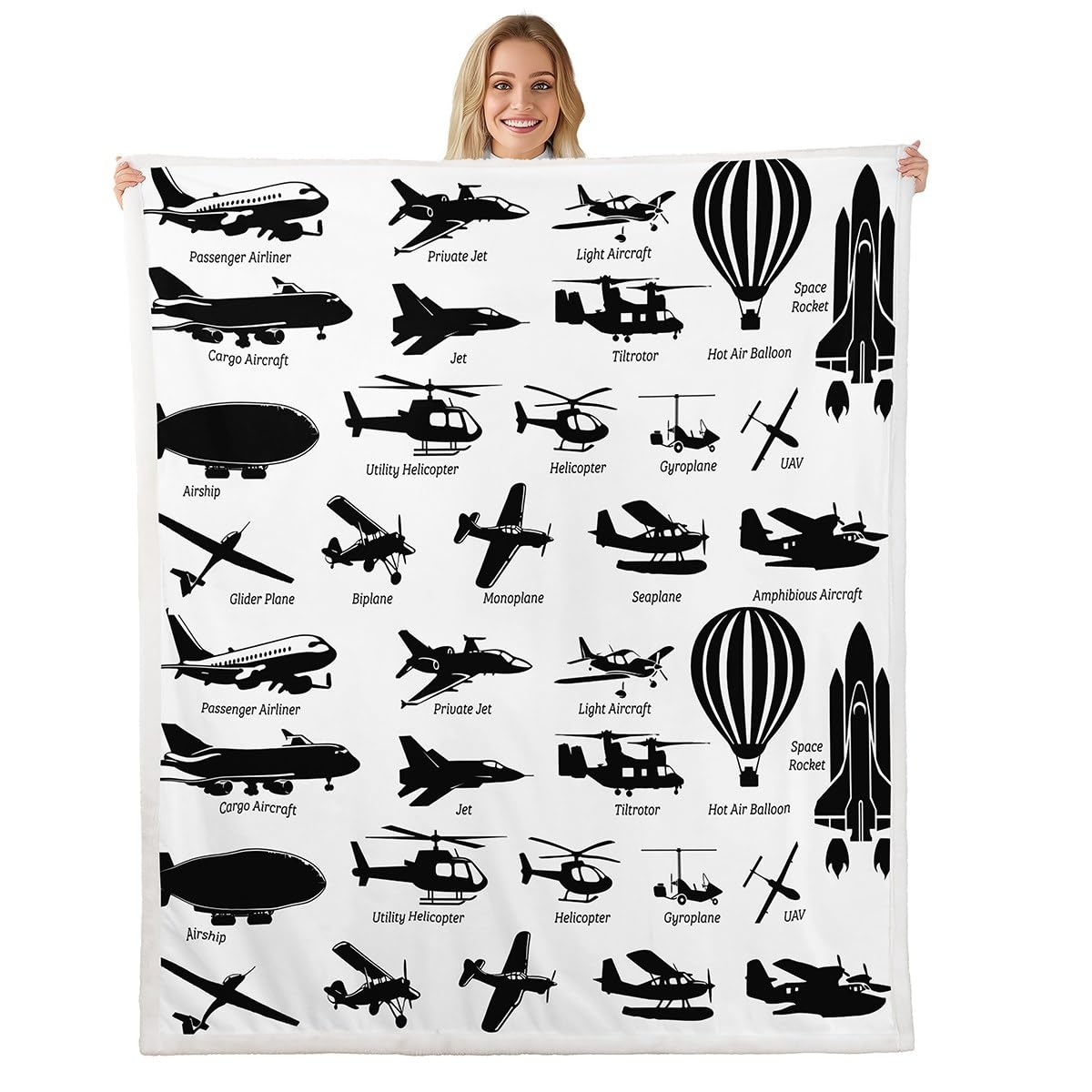 Airplane Print Plush Bed Blanket 40"X50",Black White Airplanes Decor Fleece Throw Blanket for Kids Boys Adults,Space Rocket Aircraft Flannel Blanket,Helicopter Biplane Blankets for Sofa Couch