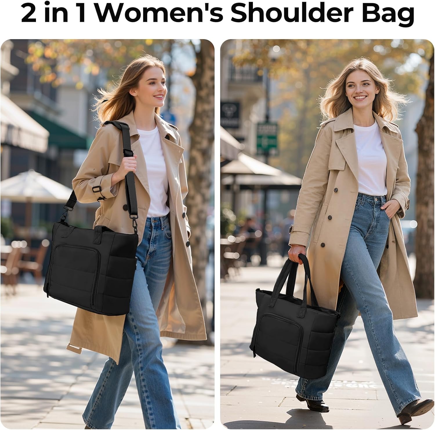 Dadanism Lunch Tote Bag for Women, 15.6 Inch Puffy Laptop Bag with Insulated Lunch Compartment, Quilted Large Capacity Computer Handbag with Purse for Business, Work, Office, Collage, Casual, Black - Image 5