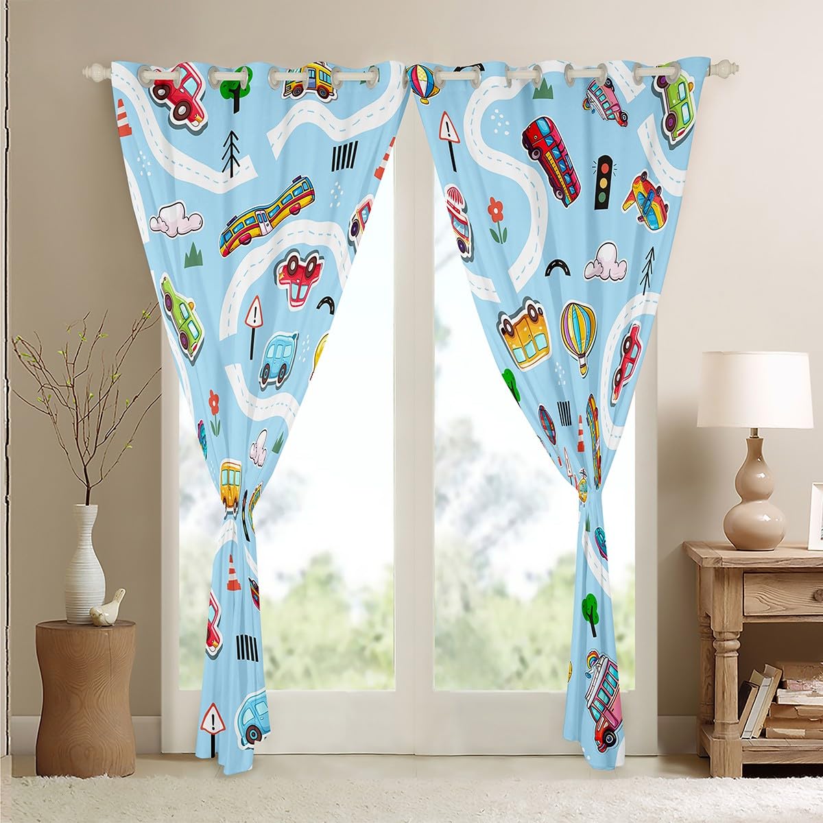 Homemissing Kids Curtains (2 Panels,W66*L90) for Bedroom Living Room Boys Girls Cartoon Car 30%-50% Room Darkening Blackout Curtain Blue Reversible Window Treatments Vehicle Bedding Room Decor - Image 4