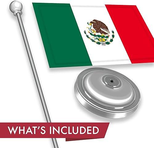 Miniatura 2 de G128 Juego de banderas de escritorio mexicanas de lujo de México  8.5 x 5.5 pulgadas  Poliéster 300D impreso, con cúpula y base plateadas, poste de