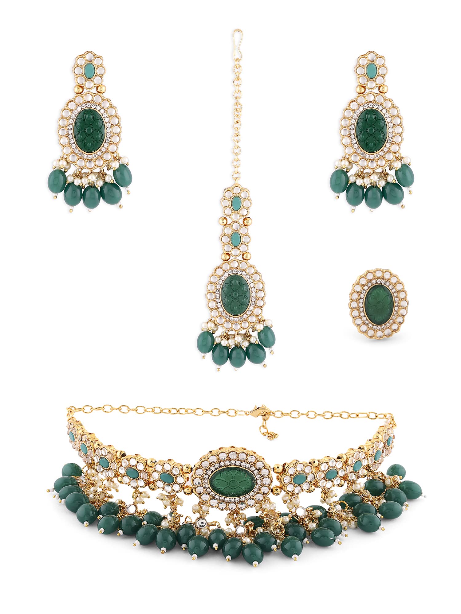 ZAVERI PEARLS Green Stones Beads Kundan Choker Necklace Earring Maangtikka & Ring Set For Women-ZPFK15569 (B0BTVSXKKK) Amazon Price History, Amazon Price Tracker