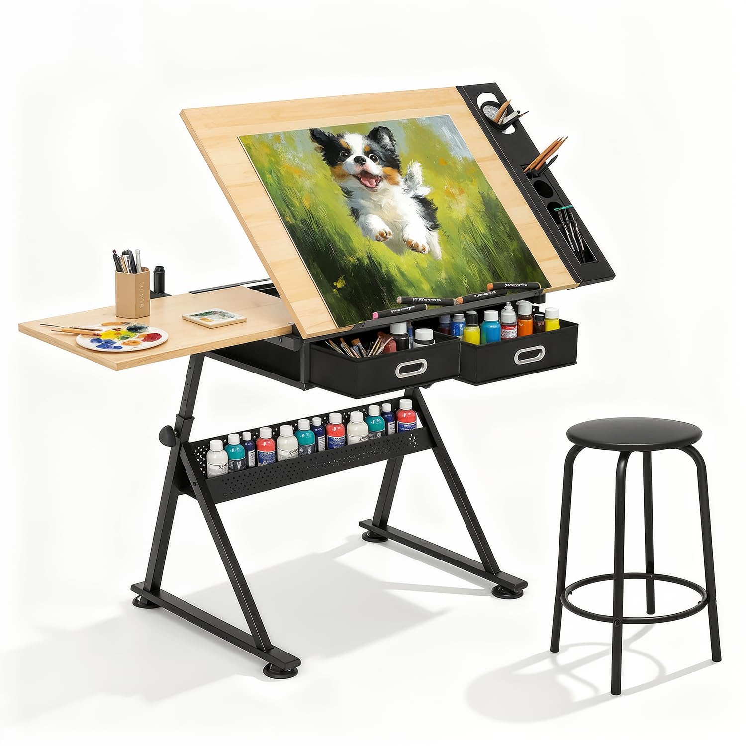 Professional Drafting Table for Adults w/Stool, Tilting Wooden Tabletop & Adjustable Height, Art Craft Desk Watercolor Painting Sketching Work Station for Studio Home Office School (Natural)