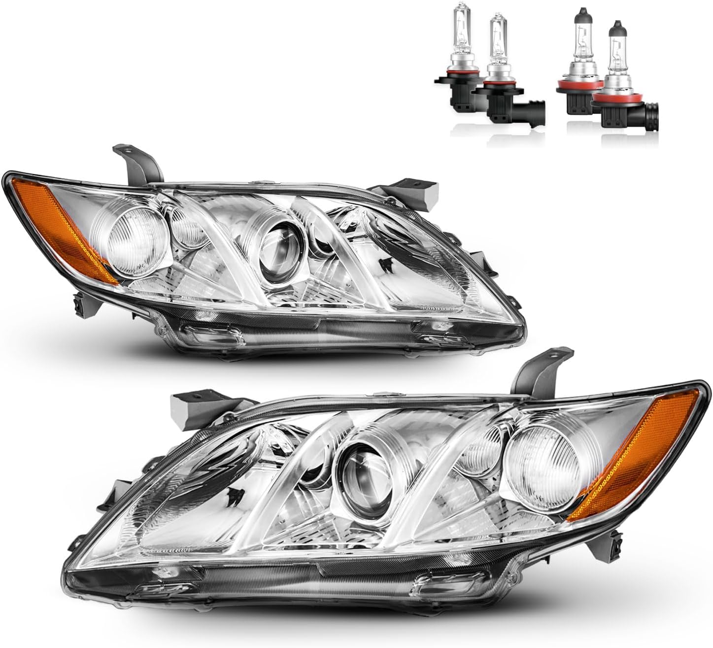 Headlights Assembly for 2007 2008 2009 Toyota Camry Halogen Headlamp Replacement, High/Low Beam W/Bulbs, Driver & Passenger Side