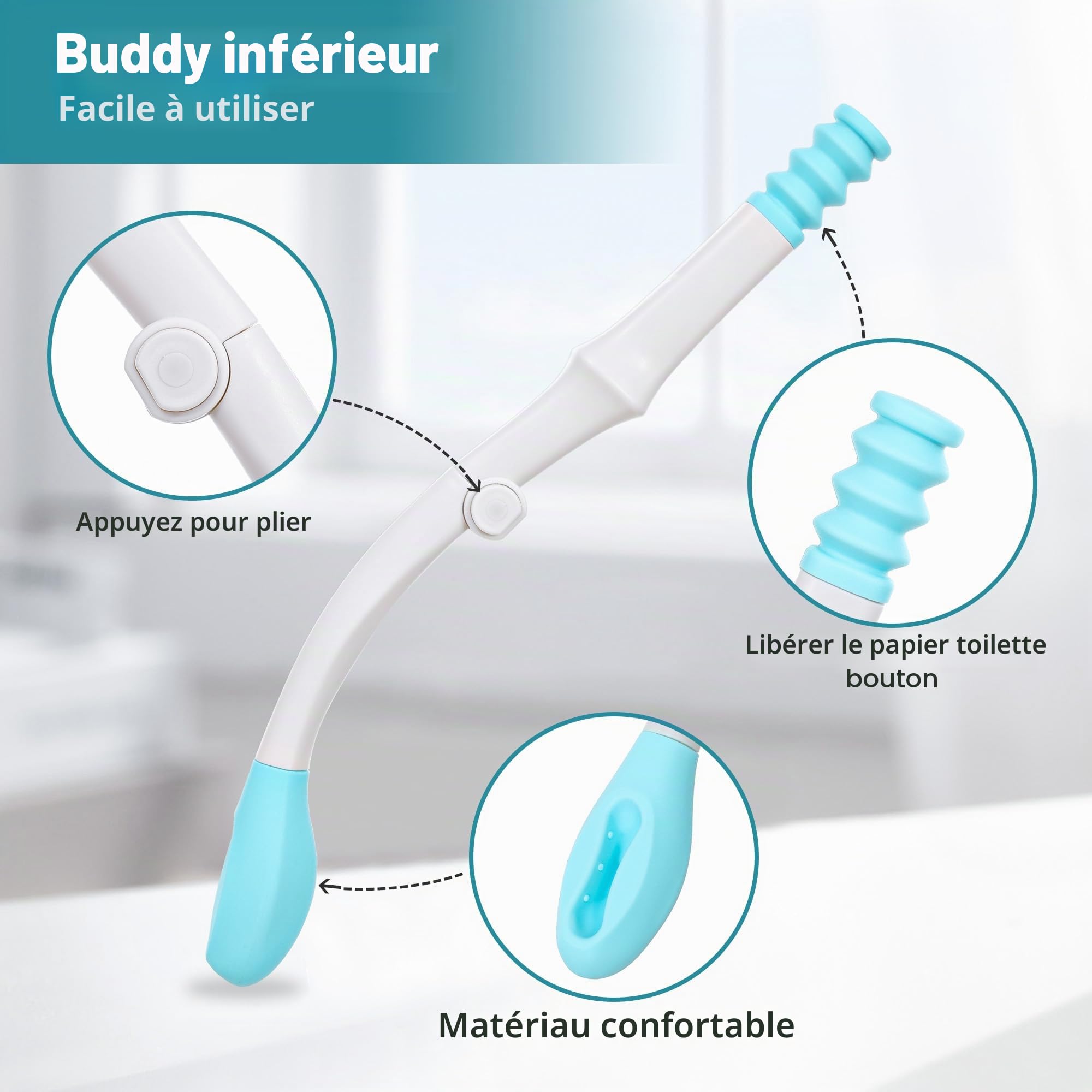 Outils d'aide à la toilette, pliable, bleu, longue portée, étendue votre portée de plus de 38,1 cm, prend du papier toilette ou des lingettes pré-humidifiées