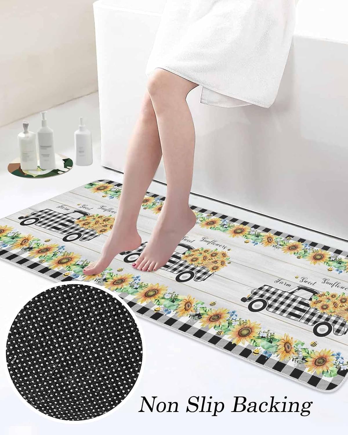 Farm Truck Kitchen Mats Set of 2 Black Plaid Sunflower Car Country Plant Wood Grain Non Slip Mat Washable Floor Rug for Kitchen Sink Floor Laundry, 19.7"x31.5"+19.7"x63"