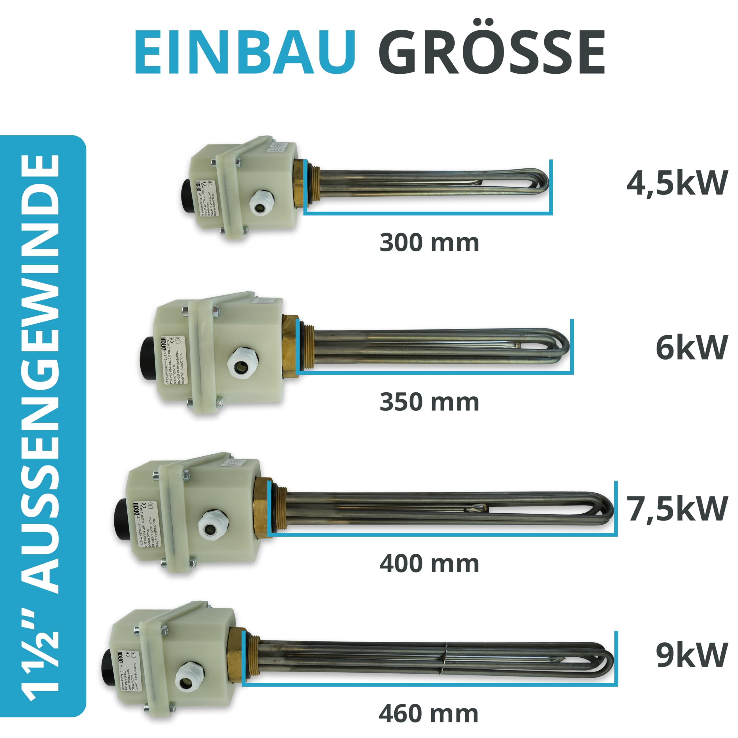 Heizstab, Heizstab Warmwasserspeicher, Heizstab 1 1/2 Zoll, Heizpatrone Pufferspeicher 9kw, Heizstab Pufferspeicher, Heizelement 400V für Edelstahl und Emaillierte Wasserspeicher (9 kW)