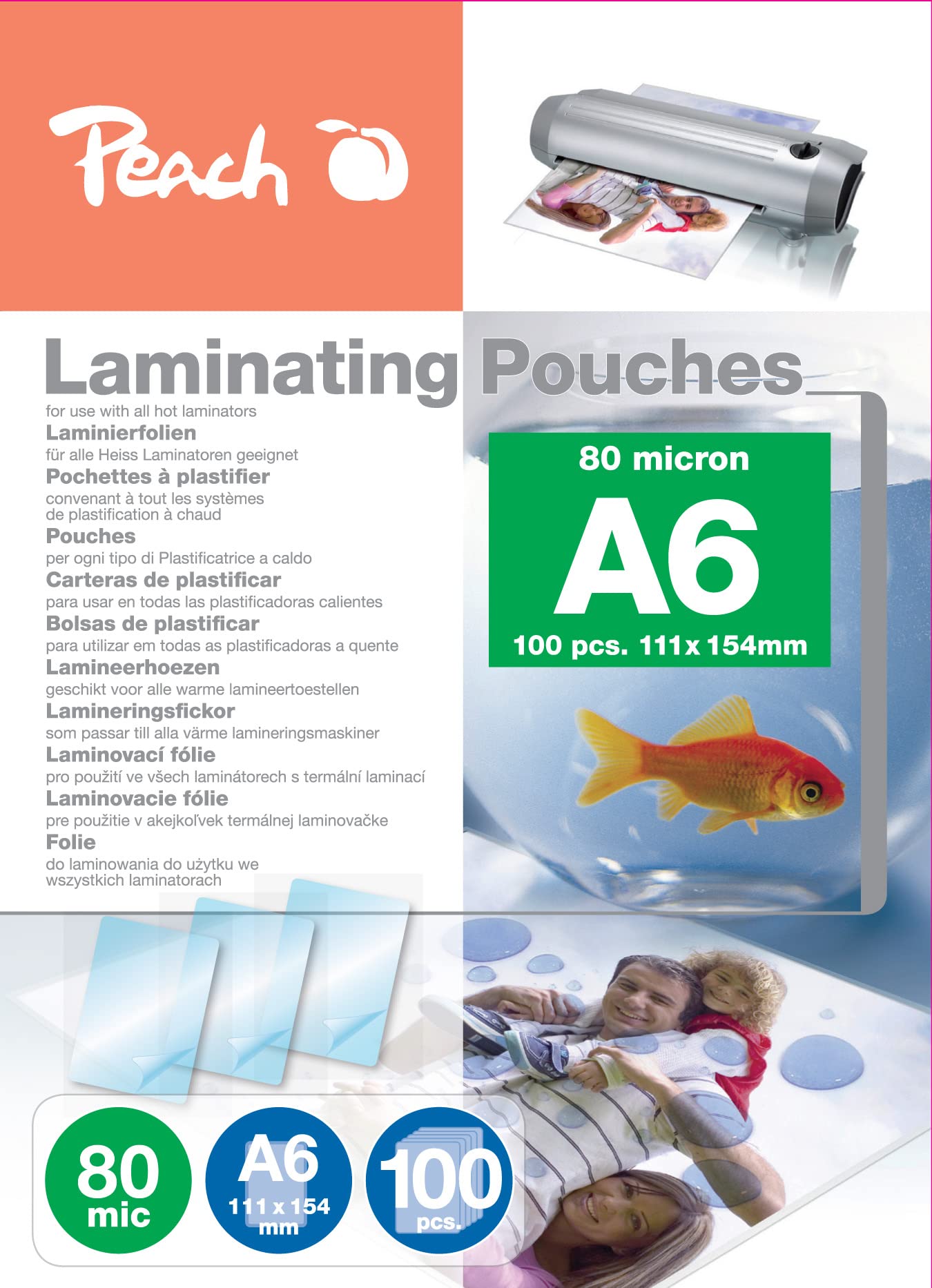 Peach Folie do laminowania A6-80 mic - 100 torebek - błyszczące - jakość premium dla najlepszych rezultatów laminowania - kompatybilne z urządzeniami wszystkich markowych producentów - PP580-04
