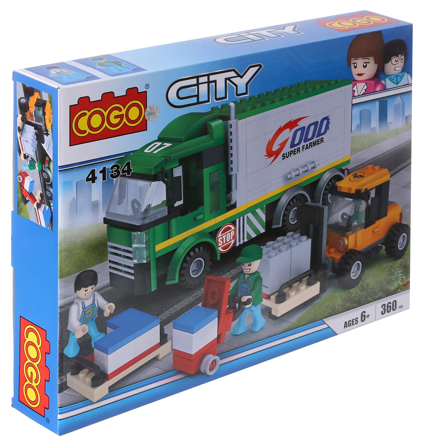 COGO City Truck Building Blocks Set 4134 box showing assembled truck and minifigures