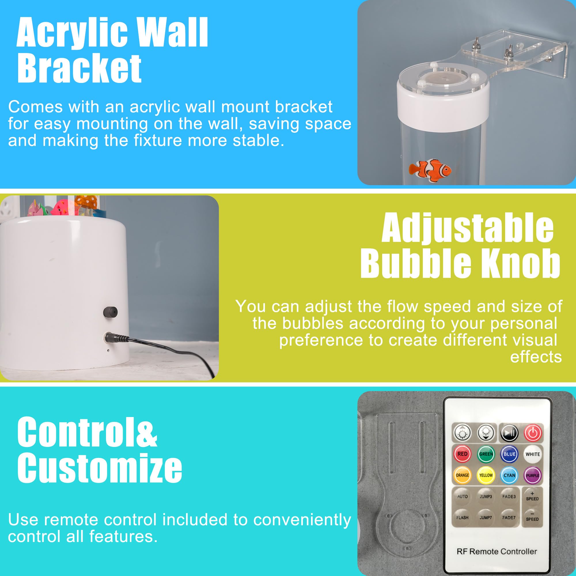 Tenmind Super Large Sensory Fish Bubble Tube Lamp with Remote Adjustable Wall Bracket 8 Color Changing Night Light — view 6