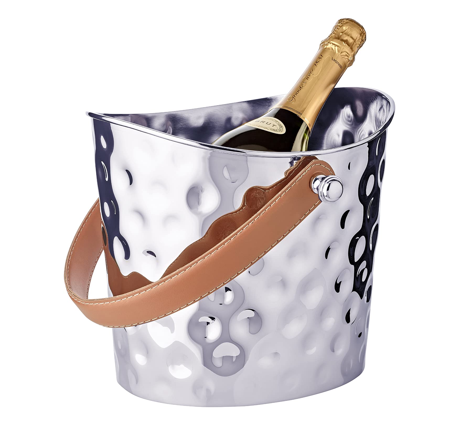 EDZARD Champanera Gilbert (B 28 cm, H 23 cm), acero inoxidable martillado, niquelado brillante, con asa de piel marrón – enfriador de vino, enfriador de botellas, cubitera