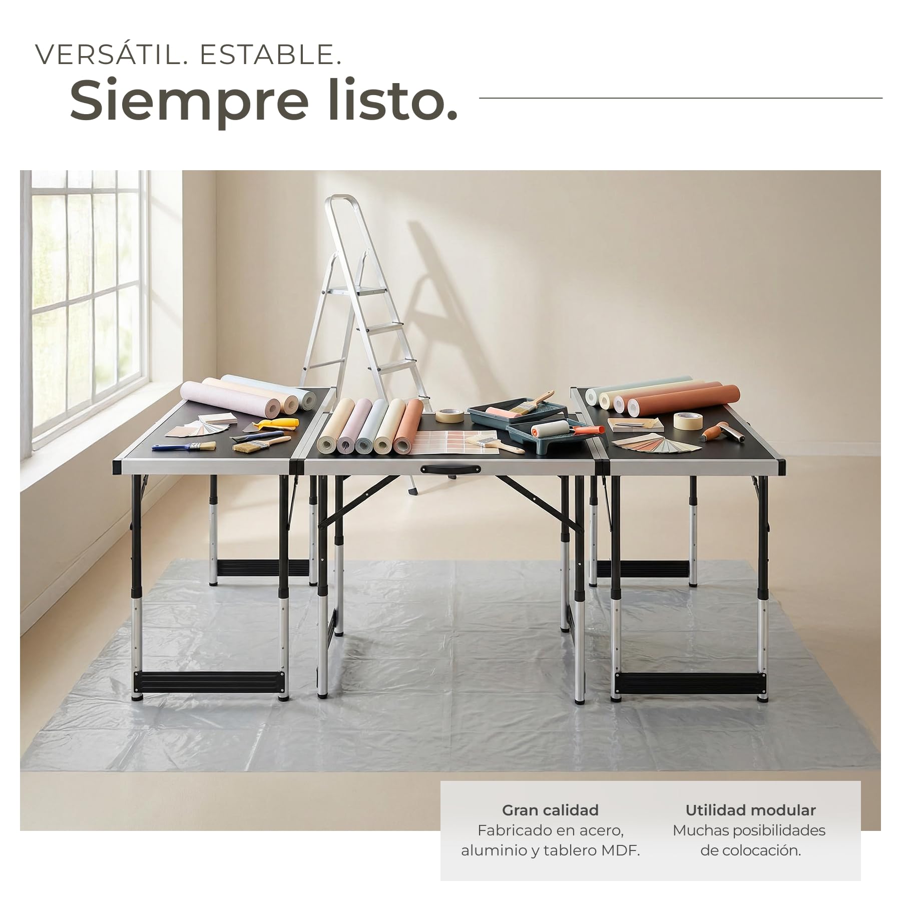 tectake® Set de 3 Mesas Auxiliares Ajustables en Altura a 4 Niveles, Mesas Camping Plegables, Mesas de Trabajo, Picnic, Fiestas, Bricolaje, 100x60, Multiusos, Fácil Montaje, Tableros en MDF - Negro
