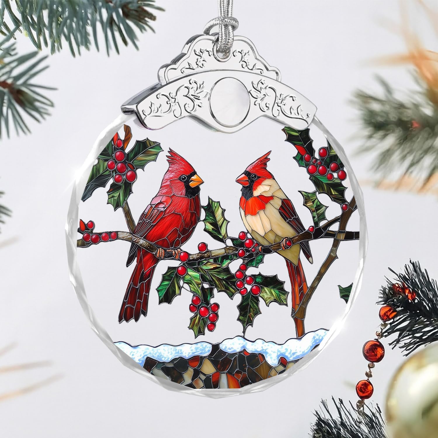 Glass Ornament - Cardinal Birds - Cardinals Couple Crystal Ornament - Bird with Holly Berries & Snow - Hanging Tree Decor - Mother's Day for Parents Couples Sisters Friends - Image 2