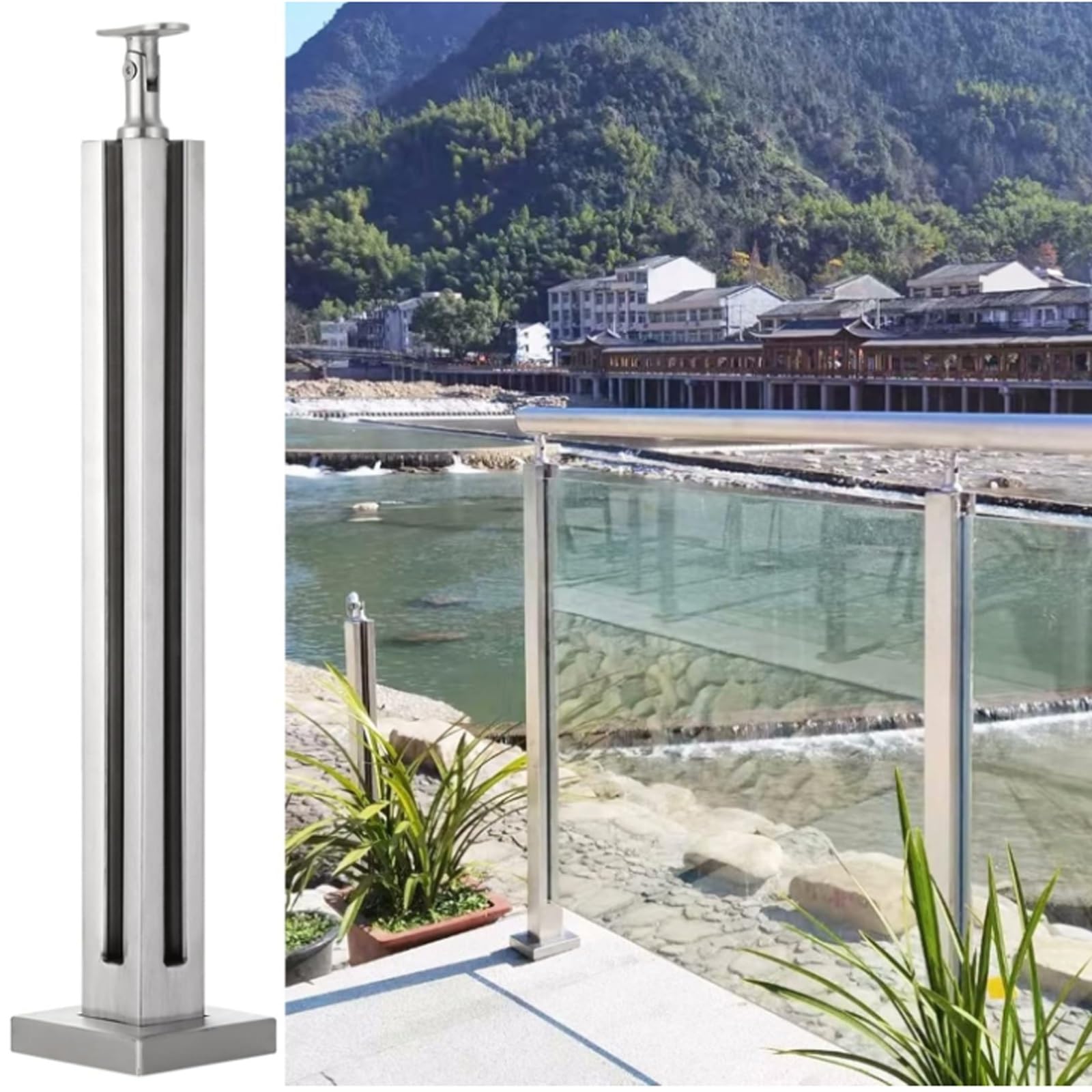 Rampe en verre pour piscine et couloir extérieur sécurisé avec poteaux inox 120 cm