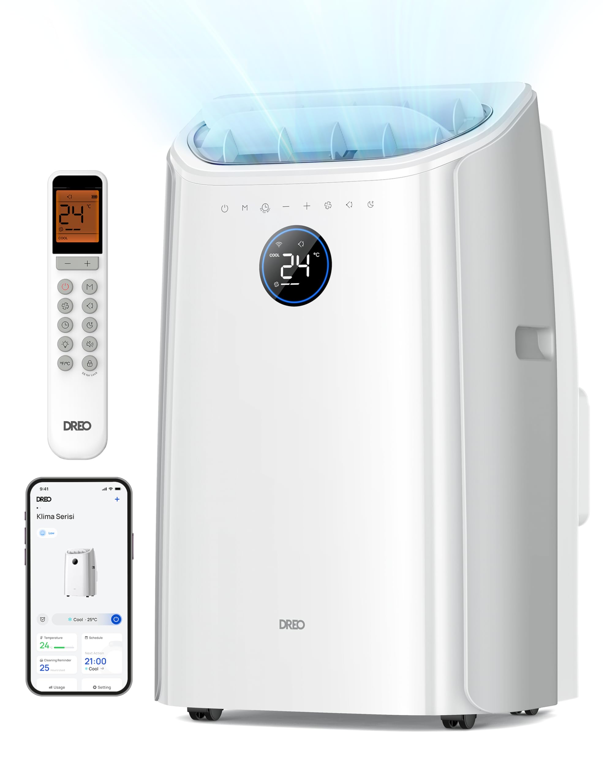 DREO climatiseur portable 10 000 BTU pour chambre, refroidissement efficace sans drainage, silencieux, contrôle par application et vocal, minuterie 24 h, ventilateur et déshumidificateur