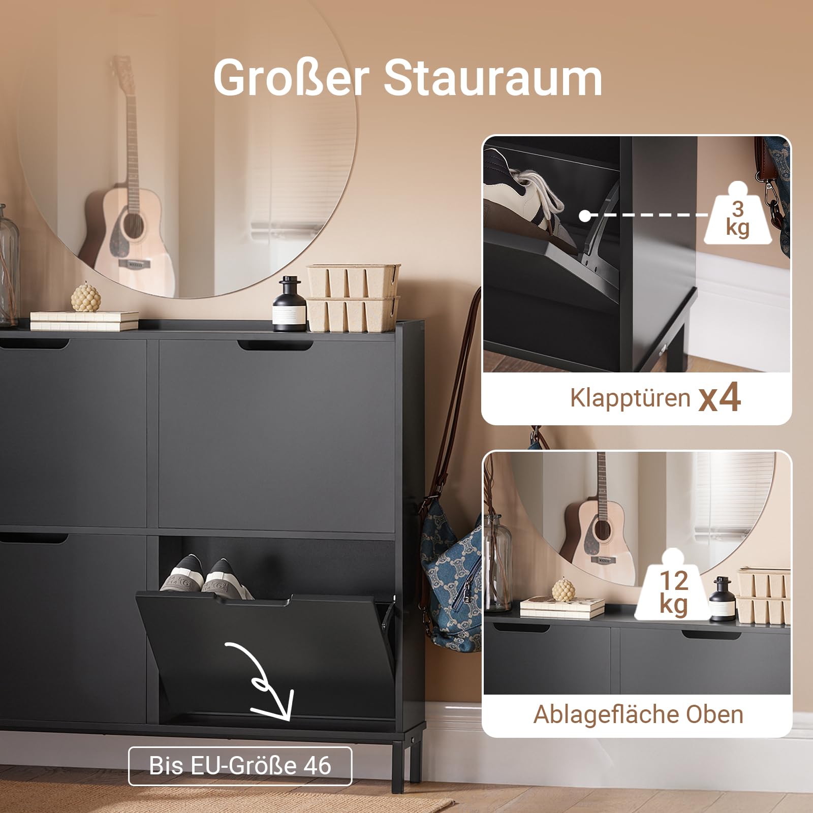 SoBuy Schuhschrank Schmal mit 4 Klappen - Platzsparender Schuhkipper für Kleine Wohnungen, Enge Flure & Durchgänge, Flurschrank für Familien mit Kindern, Designliebhaber 100x91x19cm Schwarz FSR100-SCH