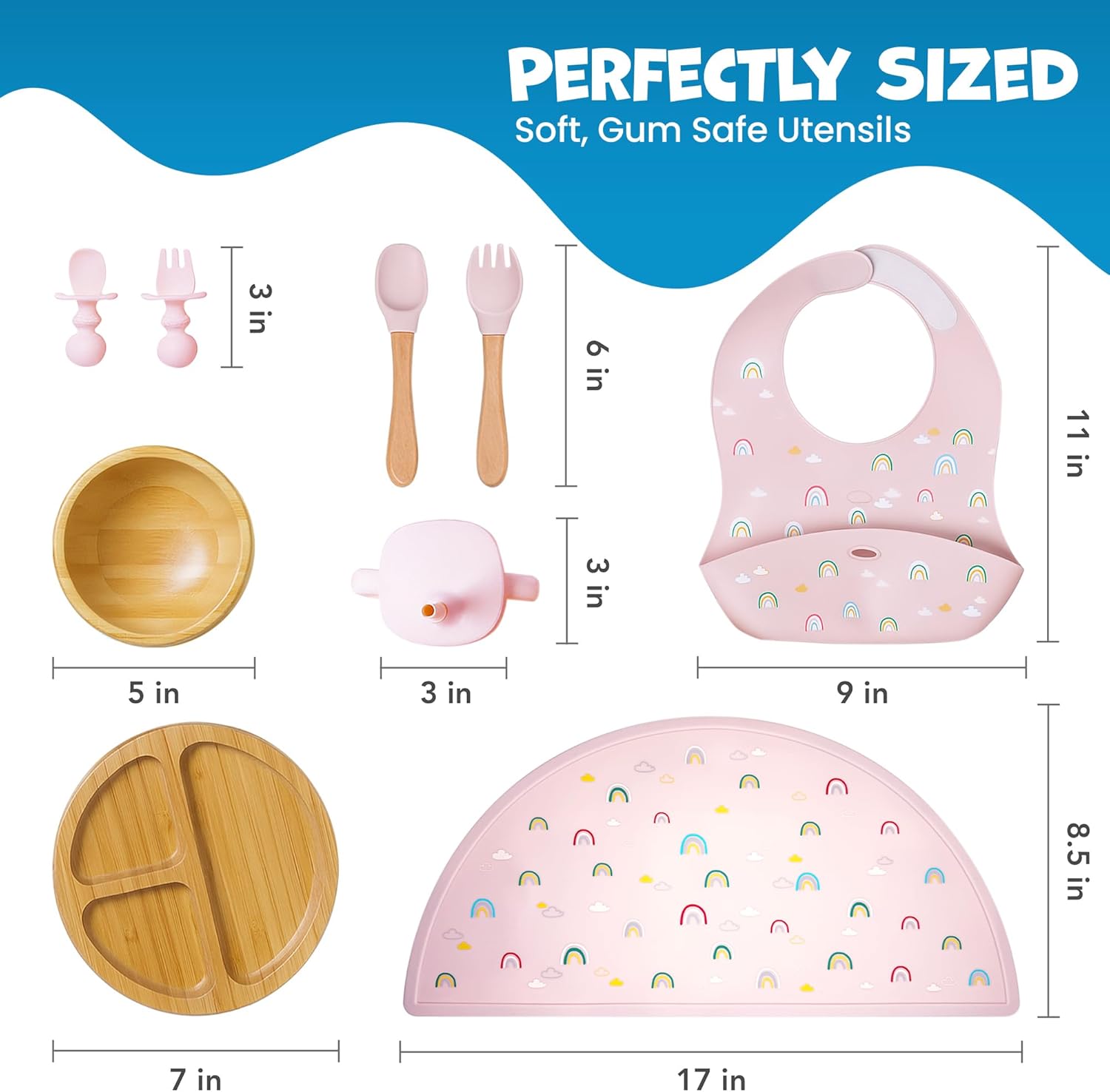 Bamboo & Silicone Baby Feeding Set 8 PCS | Baby Led Weaning Supplies Self Feeding | Divided Suction Plate Bowl Bib Sippy Cup with Straw Utensils Baby Bowls and Spoons Toddler Feeding Set (Pink)