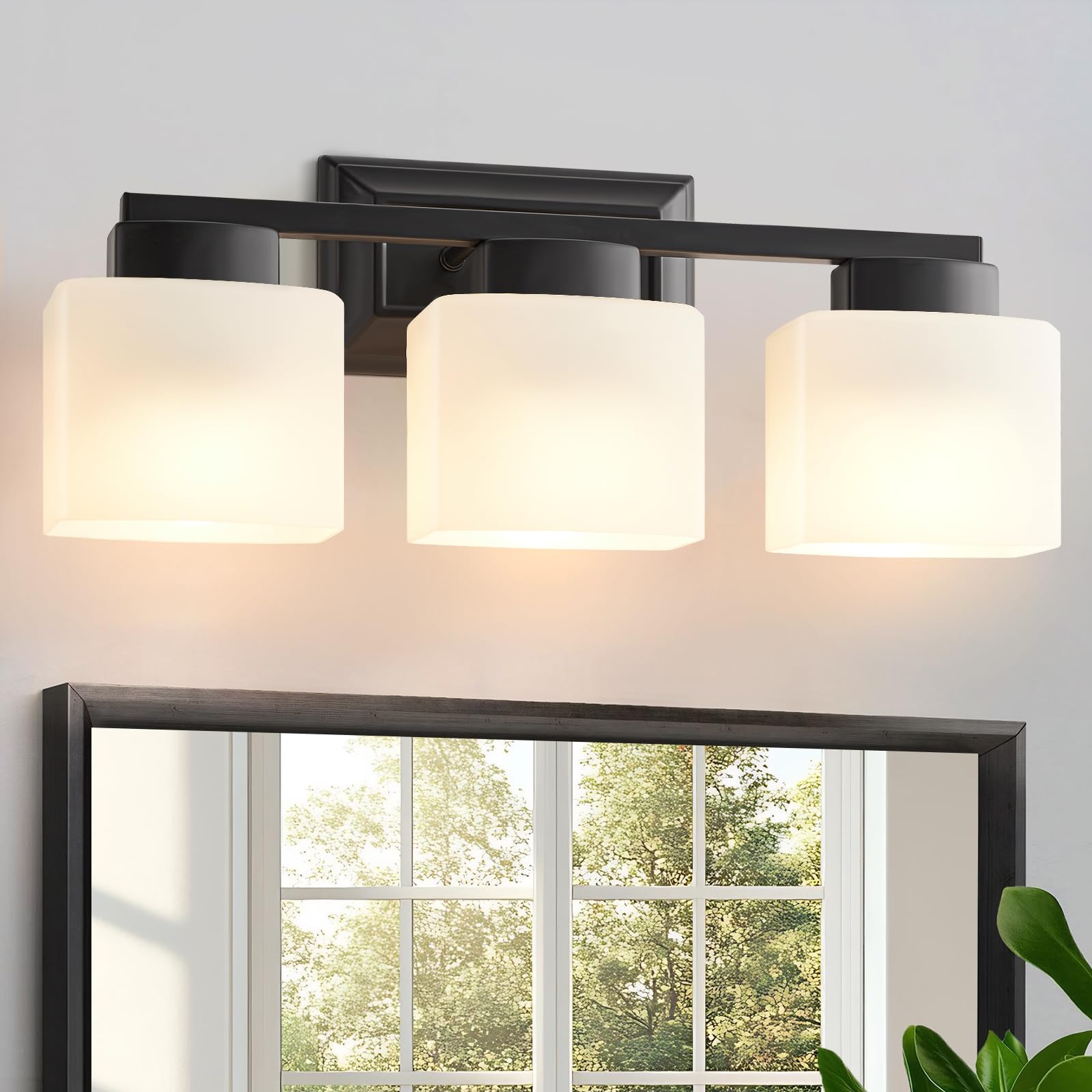 3-Light Bathroom Light Fixtures - Black Bathroom Vanity Lights with Frosted Glass Shade Modern Bathroom Lighting Fixtures Over