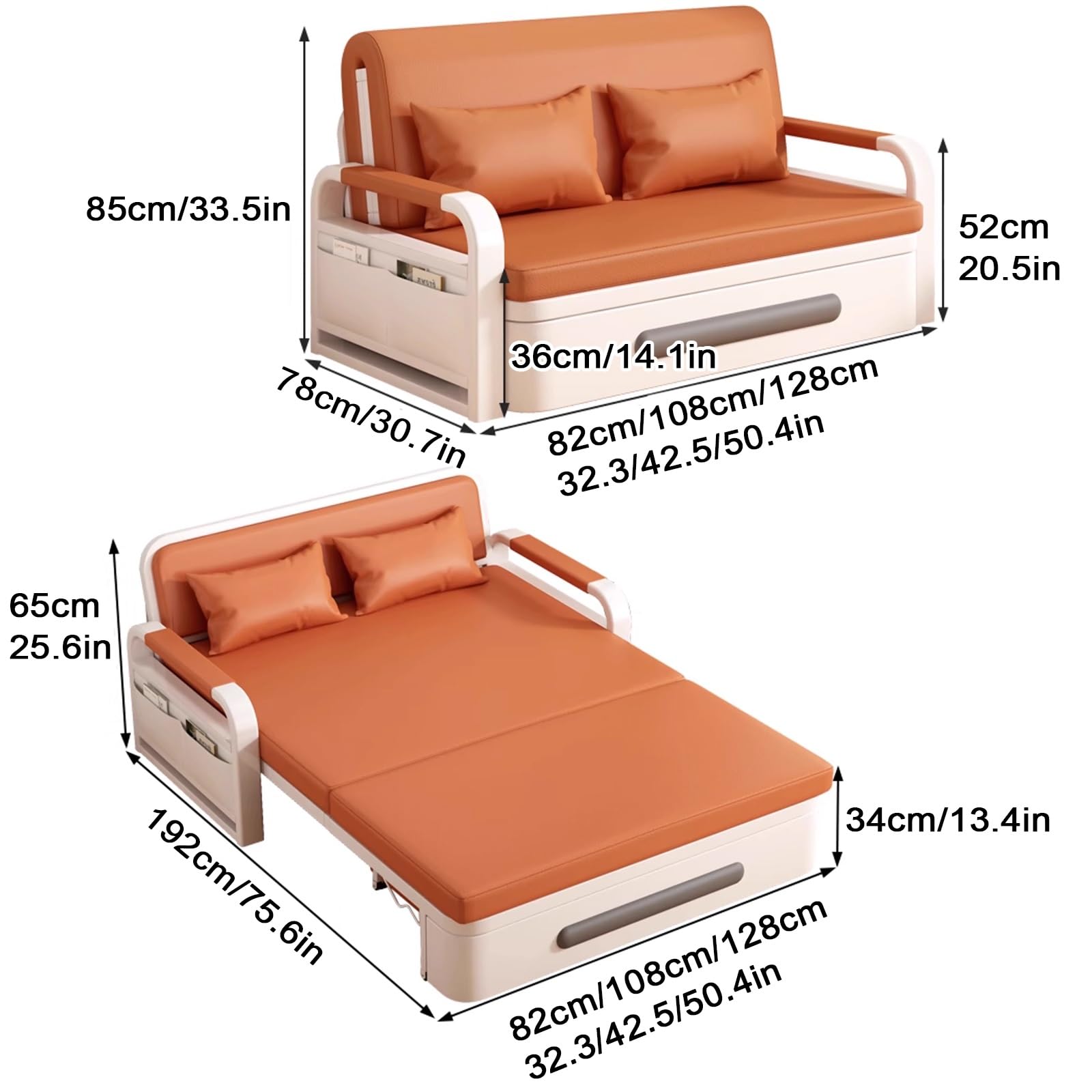 Klappsofa mit Schlaffunktion Leder Gästebett mit Stauraum Rahmen Aus Karbonstahl Wohnzimmer Sofa mit Rollen 7 cm Dicker Schaumstoff für Zuhause, Büro(Orange,192 * 82 * 65cm)