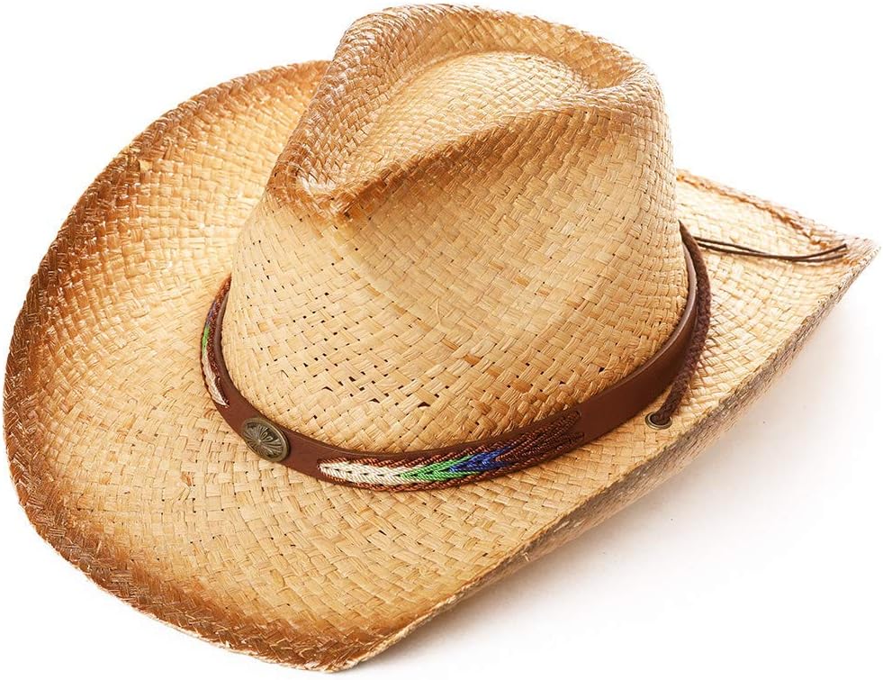 Comhats Western Style Round Cowboy Straw Hat Ladies Fedora Chin Cord Vegan Leather Band Shapeable Brim Beach Cowgirl
