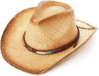 Comhats Western Style Round Cowboy Straw Hat Ladies Fedora Chin Cord Vegan Leather Band Shapeable Brim Beach Cowgirl
